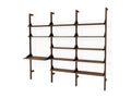 Gus* Modern Branch-3 Shelving Unit with Desk, walnut three bay wall shelving unit with desk, walnut uprights and shelves with black brackets, on white