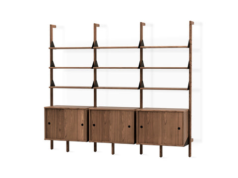 Gus* Modern Branch-3 Storage Unit, walnut three bay wall shelving unit with cabinets, walnut uprights and shelves with black brackets, on white