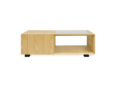 Gus* Modern Conway Coffee Table, oak storage coffee table, Royal Oak front view showing the open cubby
