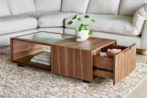 Gus* Modern Conway Coffee Table, walnut storage coffee table with the pull-out storage compartment open