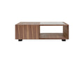 Gus* Modern Conway Coffee Table, walnut storage coffee table, front view showing the open cubby under fluted glass