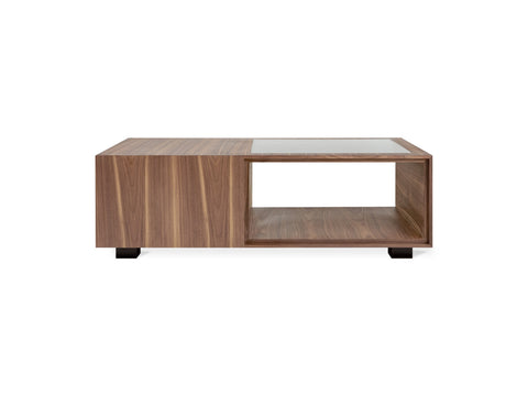 Gus* Modern Conway Coffee Table, walnut storage coffee table, front view showing the open cubby under fluted glass