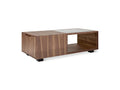 Gus* Modern Conway Coffee Table, walnut storage coffee table with fluted glass top, three-quarter view on white