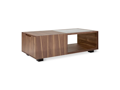 Gus* Modern Conway Coffee Table, walnut storage coffee table with fluted glass top, three-quarter view on white