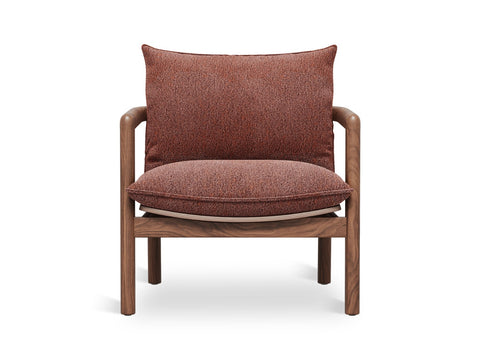 Gus* Modern Humber Lounge Chair, walnut frame lounge chair, Regency Beet upholstery, front view on white