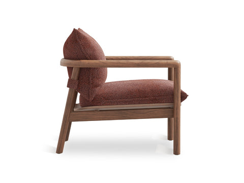 Gus* Modern Humber Lounge Chair, walnut frame lounge chair, Regency Beet, side profile showing the curved armrest