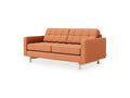Gus* Modern Jane 2 Loft Sofa, tufted apartment sofa, Caledon Sedona terracotta with natural ash base, three-quarter view on white