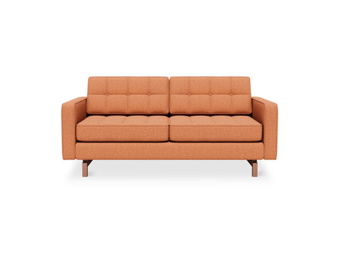 Gus* Modern Jane 2 Loft Sofa, button tufted sofa, Caledon Sedona terracotta with walnut base, front view on white