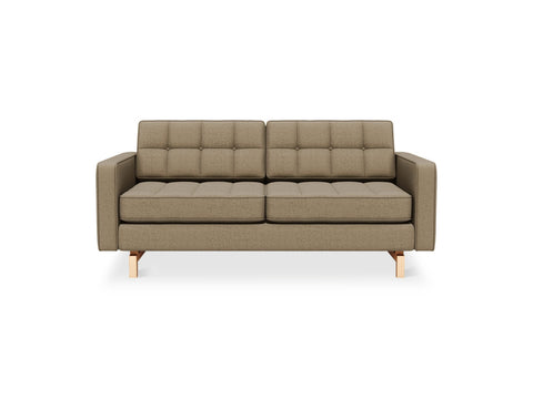 Gus* Modern Jane 2 Loft Sofa, button tufted sofa, Merino Mocha taupe with natural ash base, front view on white