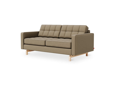 Gus* Modern Jane 2 Loft Sofa, tufted apartment sofa, Merino Mocha taupe with natural ash base, three-quarter view on white