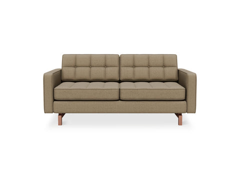 Gus* Modern Jane 2 Loft Sofa, button tufted sofa, Merino Mocha taupe with walnut base, front view on white