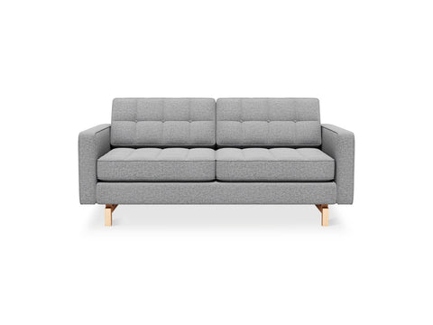 Gus* Modern Jane 2 Loft Sofa, button tufted sofa, Parliament Stone grey with natural ash base, front view on white