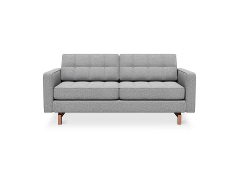 Gus* Modern Jane 2 Loft Sofa, button tufted sofa, Parliament Stone grey with walnut base, front view on white