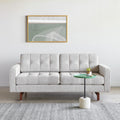 Gus* Modern Jane 2 Loft Sofa, tufted apartment sofa, Robarts Sauble light grey beside a green side table on a grey rug