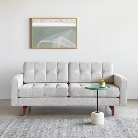 Gus* Modern Jane 2 Loft Sofa, tufted apartment sofa, Robarts Sauble light grey beside a green side table on a grey rug
