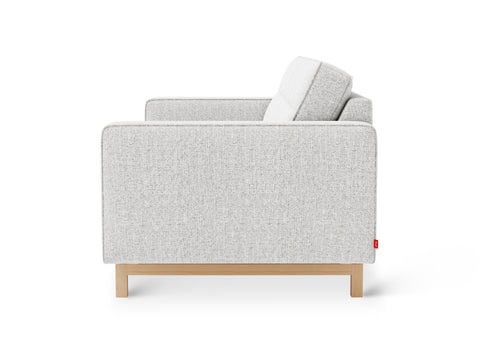 Gus* Modern Jane 2 Loft Sofa, button tufted sofa, Robarts Sauble, side profile showing the inset ash base