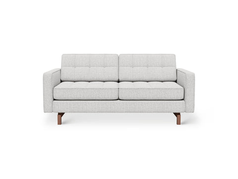 Gus* Modern Jane 2 Loft Sofa, button tufted sofa, Robarts Sauble light grey with walnut base, front view on white