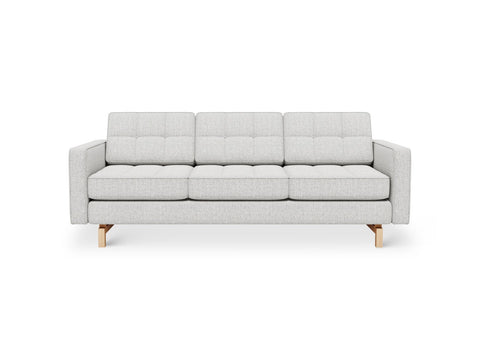 Gus* Modern Jane 2 Sofa, button tufted sofa, Robarts Sauble light grey with natural ash base, front view on white