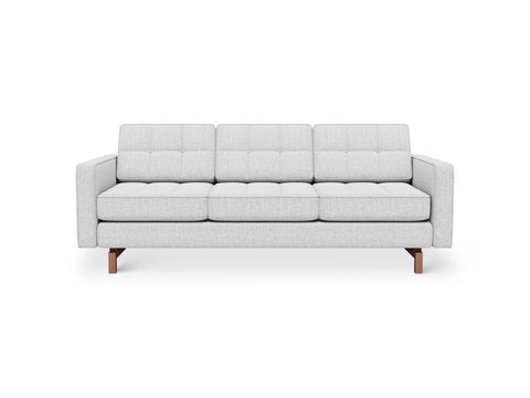 Gus* Modern Jane 2 Sofa, button tufted sofa, Robarts Sauble light grey with walnut base, front view on white