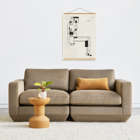 Gus* Modern Podium 2PC Sofa, modular sofa, Merino Mocha taupe with a cork side table and framed print