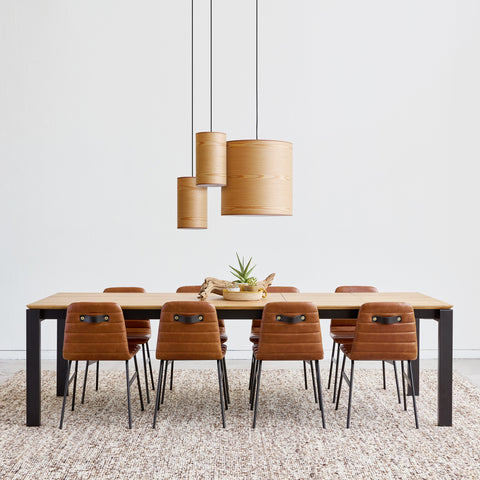 Gus* Modern Revell Extendable Dining Table, extendable oak dining table, Royal Oak extended with six leather chairs