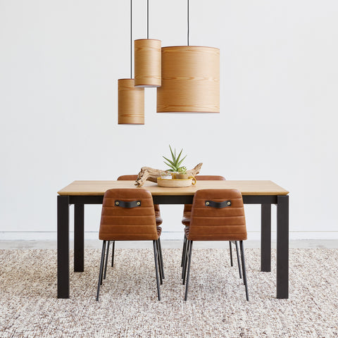 Gus* Modern Revell Extendable Dining Table, oak dining table, Royal Oak with leather dining chairs under three wood veneer pendants