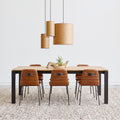 Gus* Modern Revell Extendable Dining Table, oak dining table, Royal Oak set for dinner with leather chairs and wood veneer pendants