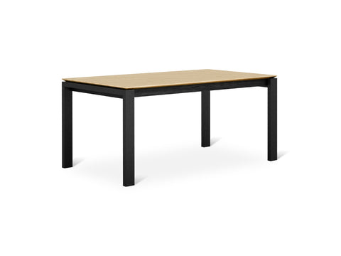 Gus* Modern Revell Extendable Dining Table, oak dining table with black steel legs, Royal Oak top closed, three-quarter view on white