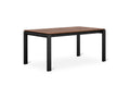 Gus* Modern Revell Extendable Dining Table, walnut dining table with black steel legs, Walnut top closed, three-quarter view on white