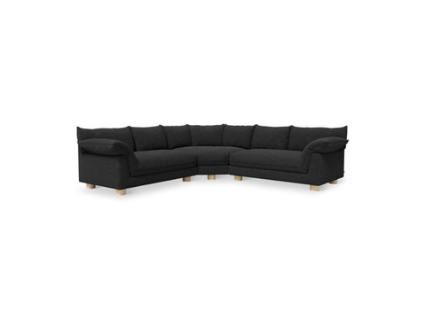 Gus* Modern Zoe Bi-Sectional, upholstered corner sectional sofa, Node Nocturne charcoal fabric, front view on white