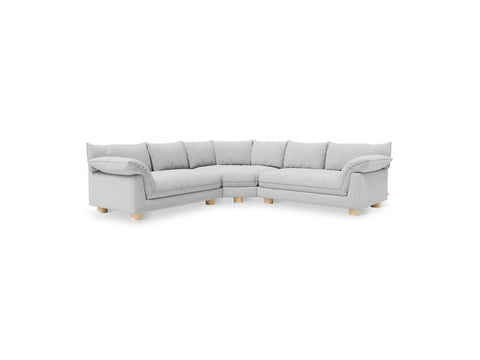 Gus* Modern Zoe Bi-Sectional, upholstered corner sectional sofa, Rosslyn Argent light grey fabric, front view on white