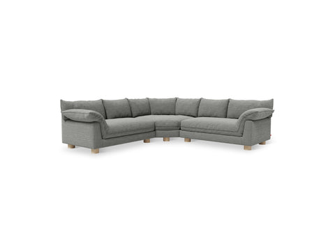 Gus* Modern Zoe Bi-Sectional, upholstered corner sectional sofa, Rosslyn Legacy grey fabric, front view on white