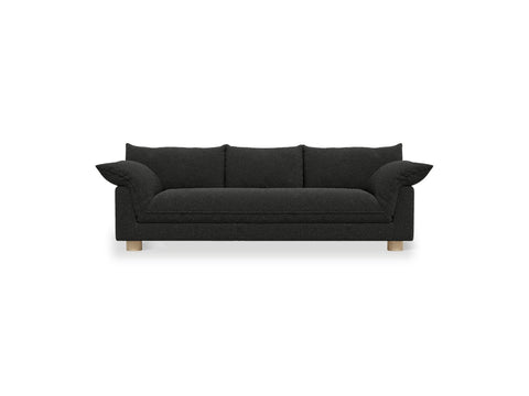 Gus* Modern Zoe Sofa, upholstered three seat sofa, Node Nocturne charcoal fabric, front view on white