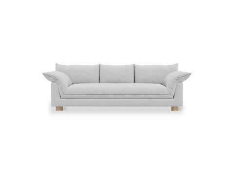 Gus* Modern Zoe Sofa, upholstered three seat sofa, Rosslyn Argent light grey fabric, front view on white