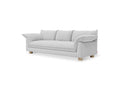 Gus* Modern Zoe Sofa, upholstered three seat sofa, Rosslyn Argent light grey fabric with oak legs, three-quarter view on white