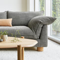 Gus* Modern Zoe Sofa, upholstered sofa detail, Rosslyn Legacy arm and deep seat cushion with French seams and oak leg