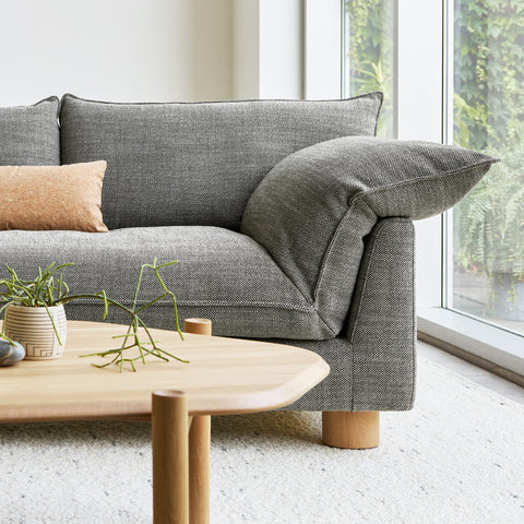 Gus* Modern Zoe Sofa, upholstered sofa detail, Rosslyn Legacy arm and deep seat cushion with French seams and oak leg