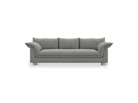Gus* Modern Zoe Sofa, upholstered three seat sofa, Rosslyn Legacy grey fabric, front view on white
