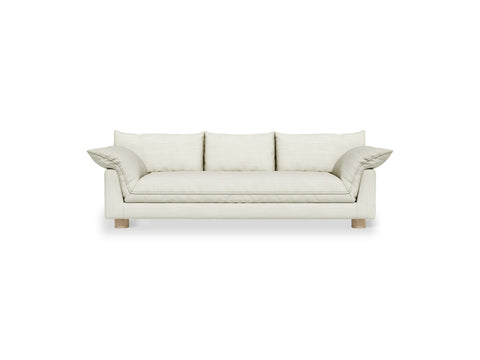 Gus* Modern Zoe Sofa, upholstered three seat sofa, Sutton Canvas cream fabric, front view on white