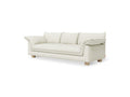 Gus* Modern Zoe Sofa, upholstered three seat sofa, Sutton Canvas cream fabric with oak legs, three-quarter view on white