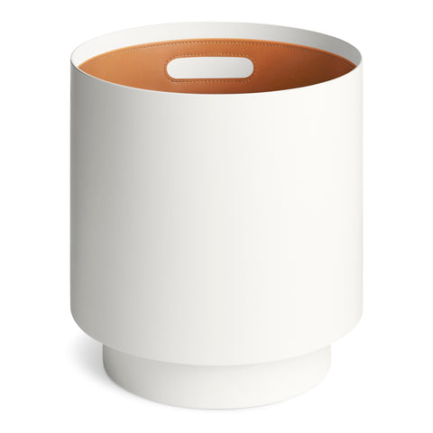 Carry Firewood Carrier by Blu Dot in white powder-coated aluminum with removable canvas tote and leather handle cutout, top view