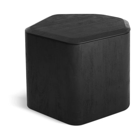 Black-stained acacia Hoard Tall Side Table with Storage by Blu Dot showing the beveled top and solid wood body