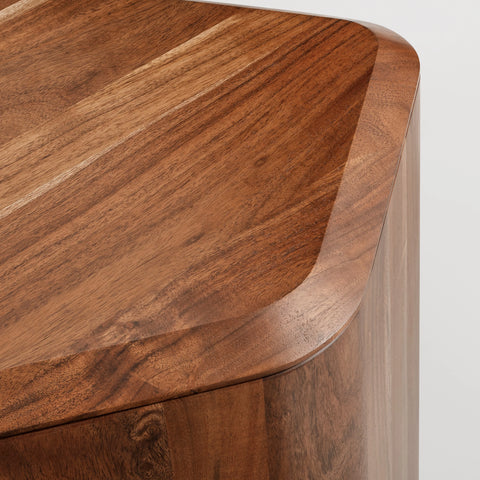 Close-up of the acacia wood grain and beveled top edge on the Blu Dot Hoard Tall Side Table