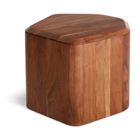 Acacia Hoard Tall Side Table with Storage by Blu Dot showing the beveled top and solid wood body