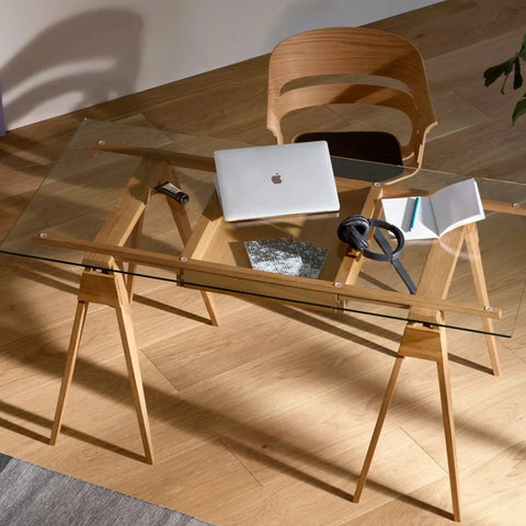 scandinavian oak and glass sculptural desk