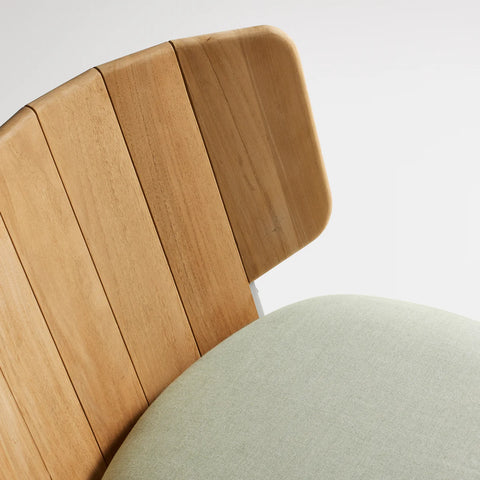 Low Fade Outdoor Lounge Chair by Blu Dot, curved FSC-certified teak backrest and Sunbrella Oasis cushion detail