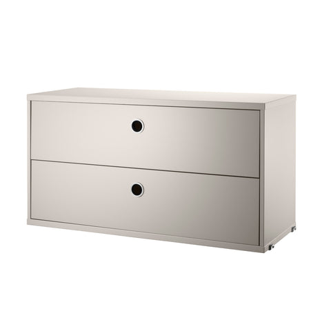 Beige chest of drawers, 22.8" wide, two drawers for String® System modular shelving