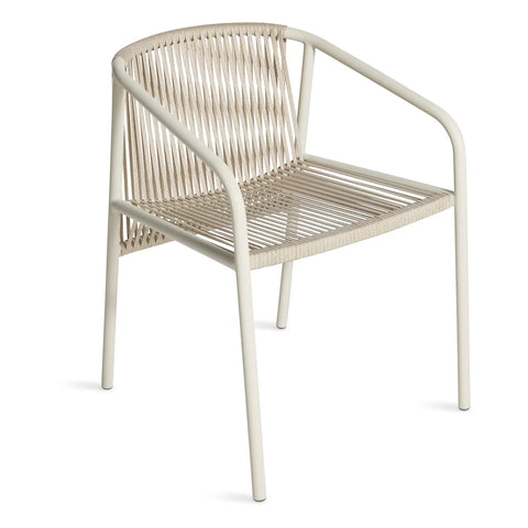 Lookout Outdoor Chair by Blu Dot in natural all-weather rope and white powder-coated aluminum, front three-quarter view