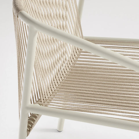 Lookout Outdoor Chair by Blu Dot, natural all-weather rope weave and white aluminum frame detail