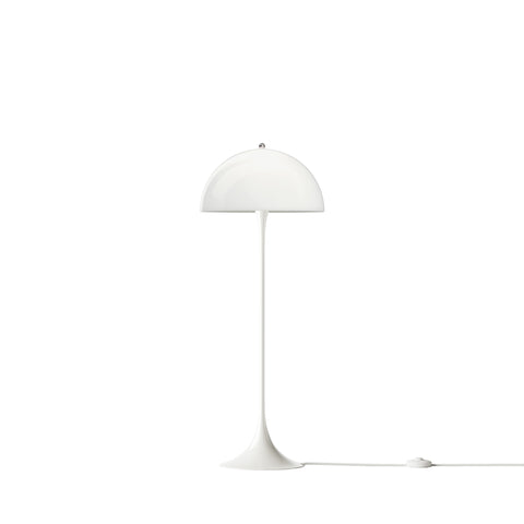Louis Poulsen Panthella 400 Floor Lamp, white opal acrylic floor lamp, switched off, front view on a white background